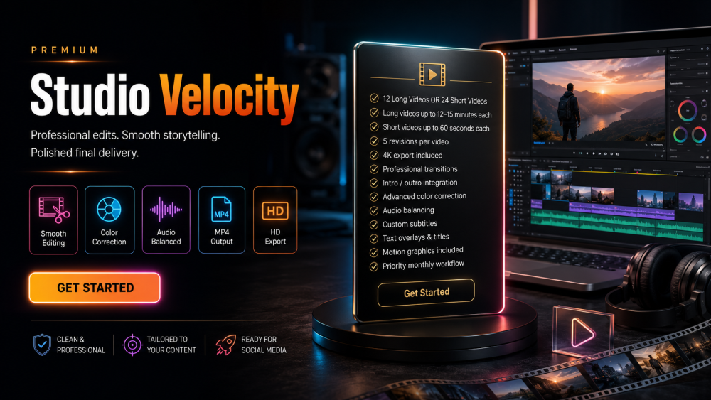 Premium Monthly Video Editing Plan - Studio Velocity